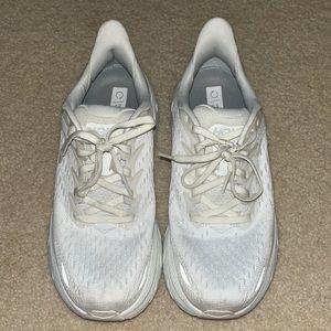 HOKA all-white women’s running shoes size 6.5.Normal wear, can be cleaned off.